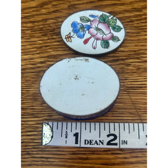 Vintage Cloisonne Brass and Floral Enamel Pill/Trinket Box Blue Enamel Interior - Picture 6 of 6